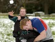 23 February 2005; Paul O'Connell is snowballed by team-mate Frank Sheahan after Ireland rugby squad training. Terenure Rugby Club, Dublin. Picture credit; Matt Browne / SPORTSFILE
