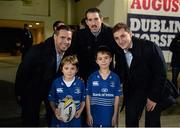 30 November 2013; Leinster players, from left, Isaac Boss, Andrew Goodman and Darren Hudson with matchday mascots Mark Molloy, age 8, from Leopardstown, Dublin, left, and JJ Ryan, age 7, from Stepaside, Dublin, ahead of the game. Celtic League 2013/14 Round 9, Leinster v Scarlets, RDS, Ballsbridge, Dublin. Picture credit: Stephen McCarthy / SPORTSFILE