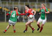 1 December 2013; Niamh Callan, Donaghmoyne, in action against Sharon McGing, left, and Fiona McHale, Carnacon. TESCO HomeGrown All-Ireland Senior Club Final, Carnacon, Mayo v Donaghmoyne, Monaghan, Pairc Sean Mac Diarmada, Carrick on Shannon, Co. Leitrim. Picture credit: David Maher / SPORTSFILE