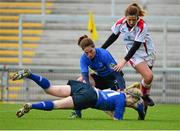 30 November 2013; Janice Daly, Leinster, assisted by team-mate Nora Stapleton scores a try before being tackled by Kelly Holmes, Ulster. Women's Interprovincial, Ulster v Leinster, Ravenhill Park, Belfast, Co. Antrim. Picture credit: Oliver McVeigh / SPORTSFILE