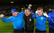 1 December 2013; Ballinderry Shamrocks manager Martin McKinless, left, club chairman Stephen McGeehan, center, and assistant manager Fabian Muldoon celebrate at the final whistle. AIB Ulster Senior Club Football Championship Final, Glenswilly, Donegal v Ballinderry Shamrocks, Derry, Healy Park, Omagh, Co. Tyrone. Picture credit: Oliver McVeigh / SPORTSFILE