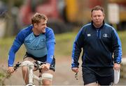 2 December 2013; Leinster's Jamie Heaslip, left, and head coach Matt O'Connor arrive for squad training ahead of their Heineken Cup 2013/14, Pool 1 Round 3, game against Northampton on Saturday. Leinster Rugby Squad Training & Press Briefing, Rosemount, UCD, Belfield, Dublin. Photo by Sportsfile