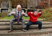 3 December 2013; Liam Ross, age 16, from Banbridge Special Olympics Club, shows off his muscle along with former Ireland and Munster rugby player Keith Wood at the launch of the of the Special Olympics Ireland Games Limerick 2014. The University Concert Hall, University of Limerick. Picture credit: Diarmuid Greene / SPORTSFILE
