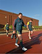 4 December 2013; Munster captain Peter O'Mahony, centre, Duncan Casey, left, and Dave O'Callaghan, right, make their way out for squad training ahead of their Heineken Cup 2013/14, Pool 6, Round 3, game against Perpignan on Sunday. Munster Rugby Squad Training, University of Limerick, Limerick. Picture credit: Diarmuid Greene / SPORTSFILE