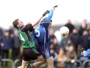 25 February 2005; Barry Shannon, 5, UUJ, in action against James McGovern, QUB. Datapac Sigerson Cup Semi-Final, Queens University Belfast v University of Ulster Jordanstown, Dundalk IT, Dundalk, Co. Louth. Picture credit; Matt Browne / SPORTSFILE