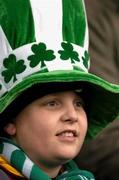 25 February 2005; A young Ireland supporter cheers on his team during the game. U21 Rugby Championship, Ireland U21 v England U21, Donnybrook, Dublin. Picture credit; David Maher / SPORTSFILE