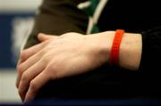 26 February 2005; A bracelet on the wrist of Ireland captain Brian O'Driscoll reads &quot;LISTEN&quot; at an Ireland Rugby press conference prior to their RBS Six Nations game against England. Lansdowne Road, Dublin. Picture credit; Brendan Moran / SPORTSFILE