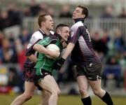 26 February 2005; Peter Turley, QUB, in action against Andy Moran, left and Paddy O'Connor, Sligo IT. Datapac Sigerson Cup Final, Sligo IT v Queens University Belfast, Dundalk IT, Dundalk, Co. Louth. Picture credit; Matt Browne / SPORTSFILE