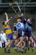 26 February 2005; Colin Forde, left, and Sean McMahon, Clare, in action against David Curtin and Keith Elliot, Dublin.  Allianz National Hurling League, Division 1A, Dublin v Clare, Parnell Park, Dublin. Picture credit; Brian Lawless / SPORTSFILE