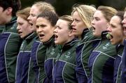 26 February 2005; The Irish team, including Lynn Cantwell, centre, sing the national anthem before the game. Women's Six Nations Rugby Championship, Ireland v England, Templeville Road, Dublin. Picture credit; Ciara Lyster / SPORTSFILE
