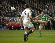 27 February 2005; Ronan O'Gara, Ireland, attempts with a drop goal with his left foot against England. RBS Six Nations Championship 2005, Ireland v England, Lansdowne Road, Dublin. Picture credit; Brendan Moran / SPORTSFILE