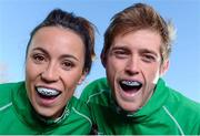 4 December 2013; Irish senior women's hockey star Anna O'Flanagan and Irish senior men's hockey star Shane O'Donoghue at the announcement of OPRO as the official mouthguard provider to Irish Hockey Association. UCD, Belfied, Dublin. Picture credit: Stephen McCarthy / SPORTSFILE