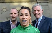 4 December 2013; Irish senior women's hockey star Anna O'Flanagan with Richard Evans, OPRO, left, and Mike Heskin, CEO, Irish Hockey Association, at the announcement of OPRO as the official mouthguard provider to Irish Hockey Association. UCD, Belfied, Dublin. Picture credit: Stephen McCarthy / SPORTSFILE