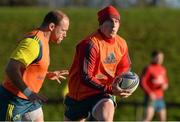 4 December 2013; Munster's Ian Keatley supported by team-mate BJ Botha during squad training ahead of their Heineken Cup 2013/14, Pool 6, Round 3, game against Perpignan on Sunday. Munster Rugby Squad Training, University of Limerick, Limerick. Picture credit: Diarmuid Greene / SPORTSFILE