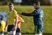 4 December 2013; Munster captain Peter O'Mahony, alongside team-mate CJ Stander, speaks to team-mates during squad training ahead of their Heineken Cup 2013/14, Pool 6, Round 3, game against Perpignan on Sunday. Munster Rugby Squad Training, University of Limerick, Limerick. Picture credit: Diarmuid Greene / SPORTSFILE