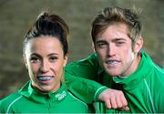 4 December 2013; Irish senior women's hockey star Anna O'Flanagan and Irish senior men's hockey star Shane O'Donoghue at the announcement of OPRO as the official mouthguard provider to Irish Hockey Association. UCD, Belfied, Dublin. Picture credit: Stephen McCarthy / SPORTSFILE