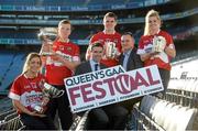 4 December 2013; The Queen’s GAA Festival has been created to mark the fact that in 2014 Queen’s University Belfast is to become the first institution to host all four Ashbourne, Irish Daily Mail Sigerson, Irish Daily Mail Fitzgibbon and O’Connor Cup weekends in the one year, and at the one venue. Pictured are, from left, Caroline O'Hanlon, Armagh and QUB, Walter Walsh, Kilkenny and UCD, Aidan O'Rourke, Queen’s University Belfast, Bryan Menton, Meath and DIT, Karl Oakes, Queen’s University Belfast and Grace Walsh, Kilkenny and UL. Croke Park, Dublin. Picture credit: Matt Browne / SPORTSFILE