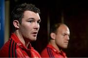 4 December 2013; Munster captain Peter O'Mahony, left, and BJ Botha during a press conference ahead of their Heineken Cup 2013/14, Pool 6, Round 3, game against Perpignan on Sunday. Munster Rugby Press Conference, Castletroy Park Hotel, Limerick. Picture credit: Diarmuid Greene / SPORTSFILE