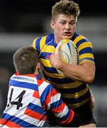 4 December 2013; Peter O'Neill, Skerries Community College, is tackled by Liam Kearns, Templeogue College. Leinster Schools Senior League, Section B Level 2 Final, Skerries Community College, Dublin v Templeogue College, Dublin. Donnybrook Stadium, Dublin. Picture credit: Brendan Moran / SPORTSFILE