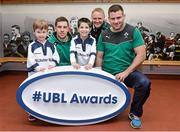 5 December 2013; Ireland head coach Joe Schmidt with rising Connacht star Craig Ronaldson right and Irish rugby player Fergus McFadden, who were joined by six year old Brendan Mullins and nine year old Mark Casey at Lansdowne FC to announce the return of the Ulster Bank League Awards. Ulster Bank, the Official Community Rugby Partner to the IRFU, first introduced the awards last season to recognise and reward the dedication and commitment shown by players, coaches and teams, across all Ulster Bank League Divisions. Lansdowne RFC, Lansdowne Road, Dublin. Picture credit: Matt Browne / SPORTSFILE