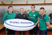 5 December 2013; Ireland head coach Joe Schmidt, with, from left, rising Connacht star Craig Ronaldson, Ulster Bank rugby ambassador Alan Quinlan and Irish rugby player Fergus McFadden at Lansdowne FC to announce the return of the Ulster Bank League Awards. Ulster Bank, Official Community Rugby Partner to the IRFU, first introduced the awards last season to recognise and reward the dedication and commitment shown by players, coaches and teams, across all Ulster Bank League Divisions. Lansdowne RFC, Lansdowne Road, Dublin. Picture credit: Matt Browne / SPORTSFILE