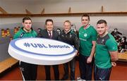 5 December 2013; Ireland head coach Joe Schmidt, with from left rising Connacht star Craig Ronaldson, Jim Ryan from Ulster Bank, Alan Quinlan, Ulster Bank rugby ambassador and Irish rugby players Fergus McFadden at Lansdowne FC to announce the return of the Ulster Bank League Awards. Ulster Bank, Official Community Rugby Partner to the IRFU, first introduced the awards last season to recognise and reward the dedication and commitment shown by players, coaches and teams, across all Ulster Bank League Divisions. Lansdowne RFC, Lansdowne Road, Dublin. Picture credit: Matt Browne / SPORTSFILE