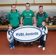 5 December 2013; Ulster Bank rugby ambassador Alan Quinlan, centre, with rising Connacht star Craig Ronaldson, left, and Irish rugby players Fergus McFadden who were joined by six year old Brendan Mullins and nine year old Mark Casey at Lansdowne FC to announce the return of the Ulster Bank League Awards. Ulster Bank, Official Community Rugby Partner to the IRFU, first introduced the awards last season to recognise and reward the dedication and commitment shown by players, coaches and teams, across all Ulster Bank League Divisions. Lansdowne RFC, Lansdowne Road, Dublin. Picture credit: Matt Browne / SPORTSFILE