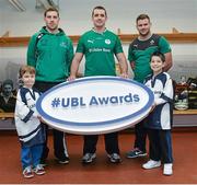 5 December 2013; Ulster Bank rugby ambassador Alan Quinlan, centre, with rising Connacht star Craig Ronaldson, left, and Irish rugby players Fergus McFadden who were joined by six year old Brendan Mullins and nine year old Mark Casey at Lansdowne FC to announce the return of the Ulster Bank League Awards. Ulster Bank, Official Community Rugby Partner to the IRFU, first introduced the awards last season to recognise and reward the dedication and commitment shown by players, coaches and teams, across all Ulster Bank League Divisions. Lansdowne RFC, Lansdowne Road, Dublin. Picture credit: Matt Browne / SPORTSFILE