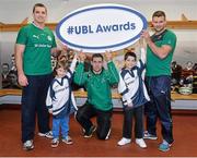 5 December 2013; Ulster Bank rugby ambassador Alan Quinlan, left, with rising Connacht star Craig Ronaldson, and Irish rugby player Fergus McFadden, right, who were joined by six year old Brendan Mullins and nine year old Mark Casey at Lansdowne FC to announce the return of the Ulster Bank League Awards. Ulster Bank, Official Community Rugby Partner to the IRFU, first introduced the awards last season to recognise and reward the dedication and commitment shown by players, coaches and teams, across all Ulster Bank League Divisions. Lansdowne RFC, Lansdowne Road, Dublin. Picture credit: Matt Browne / SPORTSFILE