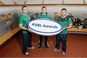 5 December 2013; Ulster Bank rugby ambassador Alan Quinlan, left, with rising Connacht star Craig Ronaldson and Irish rugby players Fergus McFadden, right, at Lansdowne FC to announce the return of the Ulster Bank League Awards. Ulster Bank, Official Community Rugby Partner to the IRFU, first introduced the awards last season to recognise and reward the dedication and commitment shown by players, coaches and teams, across all Ulster Bank League Divisions. Lansdowne RFC, Lansdowne Road, Dublin. Picture credit: Matt Browne / SPORTSFILE