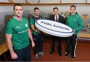5 December 2013; Ulster Bank rugby ambassador Alan Quinlan, left, with, from left, Irish rugby player Fergus McFadden, Jim Ryan from Ulster Bank and rising Connacht star Craig Ronaldson at Lansdowne FC to announce the return of the Ulster Bank League Awards. Ulster Bank, Official Community Rugby Partner to the IRFU, first introduced the awards last season to recognise and reward the dedication and commitment shown by players, coaches and teams, across all Ulster Bank League Divisions. Lansdowne RFC, Lansdowne Road, Dublin. Picture credit: Matt Browne / SPORTSFILE