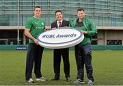 5 December 2013; Jim Ryan from Ulster Bank with Ulster Bank rugby ambassador Alan Quinlan, left, and Irish rugby player Fergus McFadden at Lansdowne FC to announce the return of the Ulster Bank League Awards. Ulster Bank, Official Community Rugby Partner to the IRFU, first introduced the awards last season to recognise and reward the dedication and commitment shown by players, coaches and teams, across all Ulster Bank League Divisions. Lansdowne RFC, Lansdowne Road, Dublin. Picture credit: Matt Browne / SPORTSFILE