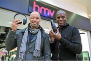 5 December 2013; Former Premiership footballer and Aston Villa star Ian Taylor was joined by his former Aston Villa team-mate and Republic of Ireland legend Paul McGrath at HMV in Dundrum today to promote Ian's brand new iT7x2 wireless headphones. Dundrum Town Centre, Dundrum, Dublin. Picture credit: Pat Murphy / SPORTSFILE