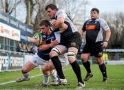 7 December 2013; Luke McGrath, Leinster 'A', is tackled by Ollie Hodge, Cross Keys. British & Irish Cup, Leinster 'A' v Cross Keys, Donnybrook Stadium, Donnybrook, Dublin. Picture credit: Ramsey Cardy / SPORTSFILE