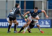7 December 2013; Jordan Coghlan, Leinster 'A', is tackled by Adam Powell, Cross Keys. British & Irish Cup, Leinster 'A' v Cross Keys, Donnybrook Stadium, Donnybrook, Dublin. Picture credit: Ramsey Cardy / SPORTSFILE