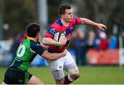 7 December 2013; Killian Lett, Clontarf, is tackled by Harry McAleese, Ballinahinch. Ulster Bank League, Division 1A, Ballinahinch v Clontarf, Ballymacarn Park, Ballinahinch, Co. Antrim. Picture credit: Oliver McVeigh / SPORTSFILE