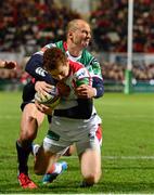 7 December 2013; Paddy Jackson, Ulster, scores his sides first try as he is tackled by Mat Berquist, Treviso. Heineken Cup 2013/14, Pool 5, Round 3, Ulster v Treviso, Ravenhill Park, Belfast, Co. Antrim. Picture credit: Oliver McVeigh / SPORTSFILE