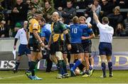 7 December 2013; Luke Fitzgerald, Leinster, is congratulated by Ian Madigan, 10, after scoring his side's second try. Heineken Cup 2013/14, Pool 1, Round 3, Northampton Saints v Leinster. Franklins Gardens, Northampton, England. Picture credit: Stephen McCarthy / SPORTSFILE