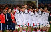 7 December 2013; The Ulster team stand for a minute silence for the late Nelson Mandela. Heineken Cup 2013/14, Pool 5, Round 3, Ulster v Treviso, Ravenhill Park, Belfast, Co. Antrim. Picture credit: Oliver McVeigh / SPORTSFILE
