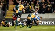 7 December 2013; Luke Fitzgerald, Leinster, goes over for his side's second try. Heineken Cup 2013/14, Pool 1, Round 3, Northampton Saints v Leinster. Franklins Gardens, Northampton, England. Picture credit: Stephen McCarthy / SPORTSFILE