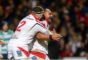 7 December 2013; John Afoa, Ulster, celebrates with team-mate Rob Herring after scoring his side's third try. Heineken Cup 2013/14, Pool 5, Round 3, Ulster v Treviso, Ravenhill Park, Belfast, Co. Antrim. Picture credit: Oliver McVeigh / SPORTSFILE
