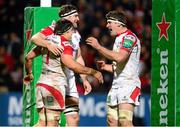7 December 2013; Sean Doyle, Ulster, celebrates with team-mates Neil McComb and Robbie Diack after scoring his sides fifth try. Heineken Cup 2013/14, Pool 5, Round 3, Ulster v Treviso, Ravenhill Park, Belfast, Co. Antrim. Picture credit: Oliver McVeigh / SPORTSFILE