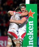 7 December 2013; Sean Doyle, Ulster, celebrates with team-mate Neil McComb after scoring his sides fifth try. Heineken Cup 2013/14, Pool 5, Round 3, Ulster v Treviso, Ravenhill Park, Belfast, Co. Antrim. Picture credit: Oliver McVeigh / SPORTSFILE