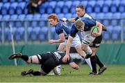 7 December 2013; Dan Leavy, Leinster 'A', is tackled by Scott Matthews, left, and Gerwyn Price, Cross Keys. British & Irish Cup, Leinster 'A' v Cross Keys, Donnybrook Stadium, Donnybrook, Dublin. Picture credit: Ramsey Cardy / SPORTSFILE