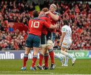 8 December 2013; Sean Dougall, Munster, is congratulated by team-mates Ian Keatley, left, and Paul O'Connell, right, after scoring his side's first try. Heineken Cup 2013/14, Pool 6, Round 3, Munster v Perpignan, Thomond Park, Limerick. Picture credit: Diarmuid Greene / SPORTSFILE