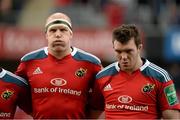 8 December 2013; Munster players Paul O'Connell, left, and Peter O'Mahony during the minute silence for the late President of South Africa Nelson Mandela. Heineken Cup 2013/14, Pool 6, Round 3, Munster v Perpignan, Thomond Park, Limerick. Picture credit: Diarmuid Greene / SPORTSFILE