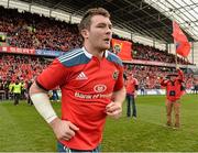 8 December 2013; Munster captain Peter O'Mahony makes his way out for the start of the game. Heineken Cup 2013/14, Pool 6, Round 3, Munster v Perpignan, Thomond Park, Limerick. Picture credit: Diarmuid Greene / SPORTSFILE