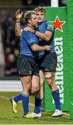 7 December 2013; Luke Fitzgerald, left, is congratulated by his Leinster team-mate Jamie Heaslip after scoring a try. Heineken Cup 2013/14, Pool 1, Round 3, Northampton Saints v Leinster. Franklins Gardens, Northampton, England. Picture credit: Stephen McCarthy / SPORTSFILE