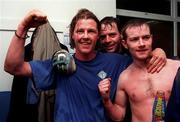 16 February 1999; Scorer of the only goal of the game Donal O'Brien celebrates with his Finn Harps team-mates following the FAI Harp Lager Cup Second Round Replay between Finn Harps and Cork City at Finn Park in Ballybofey, Donegal. Photo by Ray McManus/Sportsfile