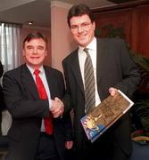 15 January 1999; Michael Smurfit Jnr of The K Club, right and PGA Chief Executive Ken Schofield pose for a picture during a press conference, at Jury's Hotel in Dublin, to announce The K Club as the 2005 Ryder Cup host. Photo by Matt Browne/Sportsfile